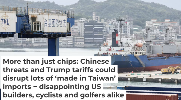 A cargo ship and containers are seen at the Port of Keelung in Taiwan on April 3, 2025. I-HWA CHENG/AFP via Getty Images
